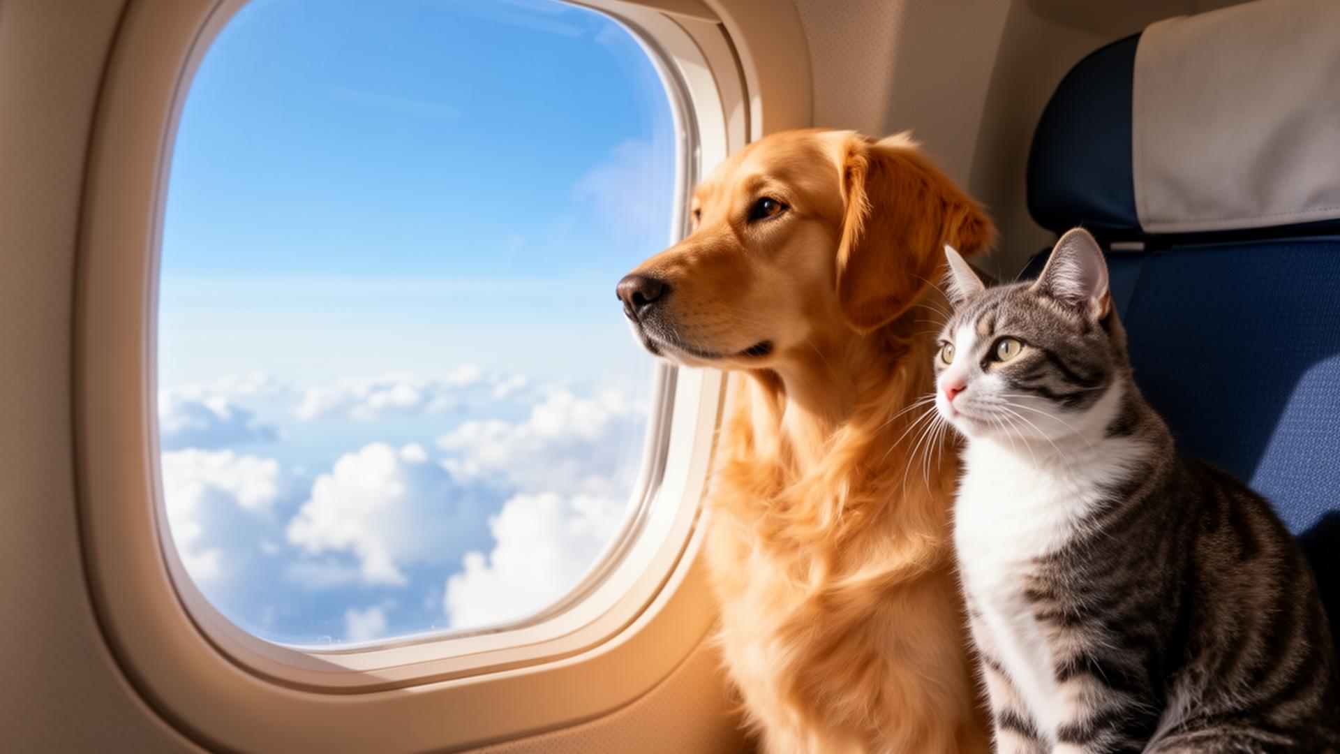 A dog and cat looking out an airplane window
